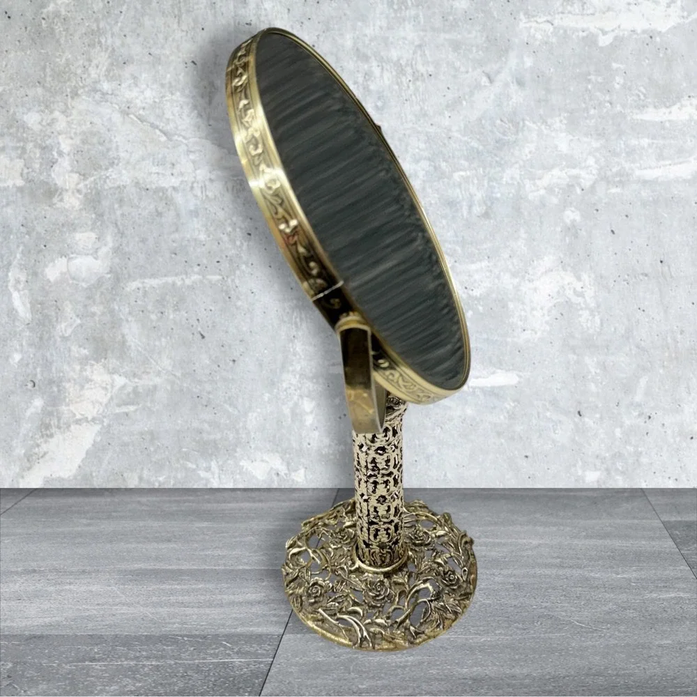Vtg Japan Gold/Silver Filigree Vanity Mirror Swivel Floral Rose Pedestal Decor